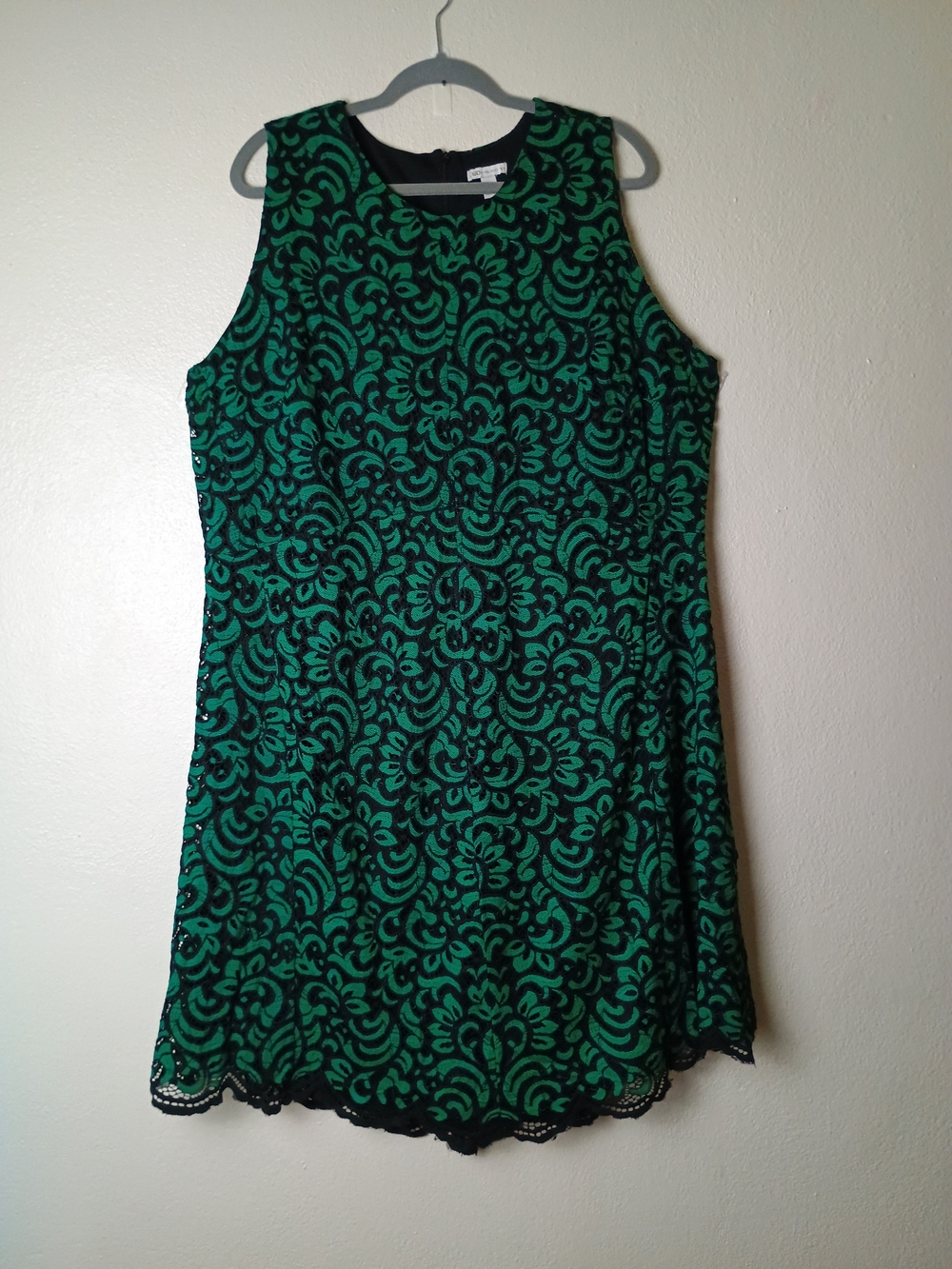 Cato Plus Size 24W Green and Black Flocking Lace-Style Midi Dress - Eyelash Trim